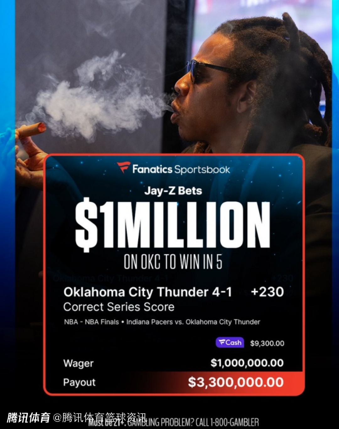 100万美金打水漂！Jay-Z豪赌雷霆4-1夺冠步行者如今已获2胜