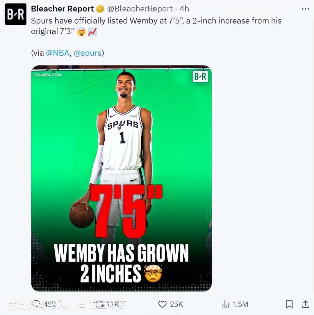 短短9天又长2厘米？文班亚马已2.26米美媒：NBA官网更新到7尺5