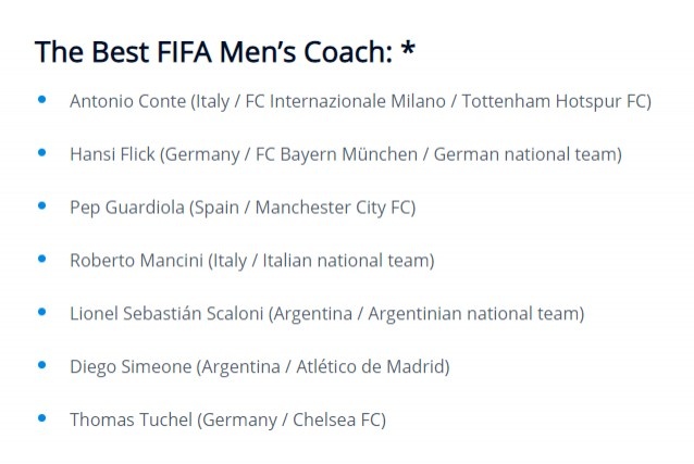 FIFA年度最佳教练候选：孔蒂、弗里克、瓜帅在列