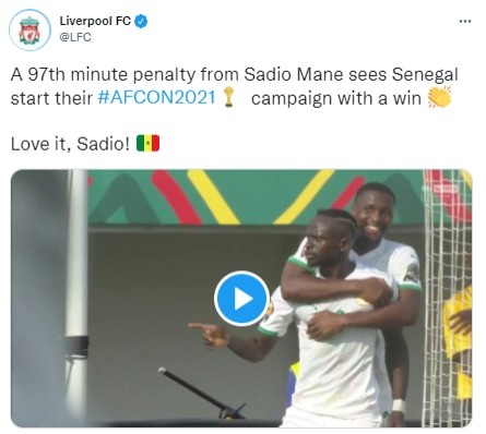 马内97分钟点杀助塞内加尔非洲杯开门红，利物浦送上祝贺