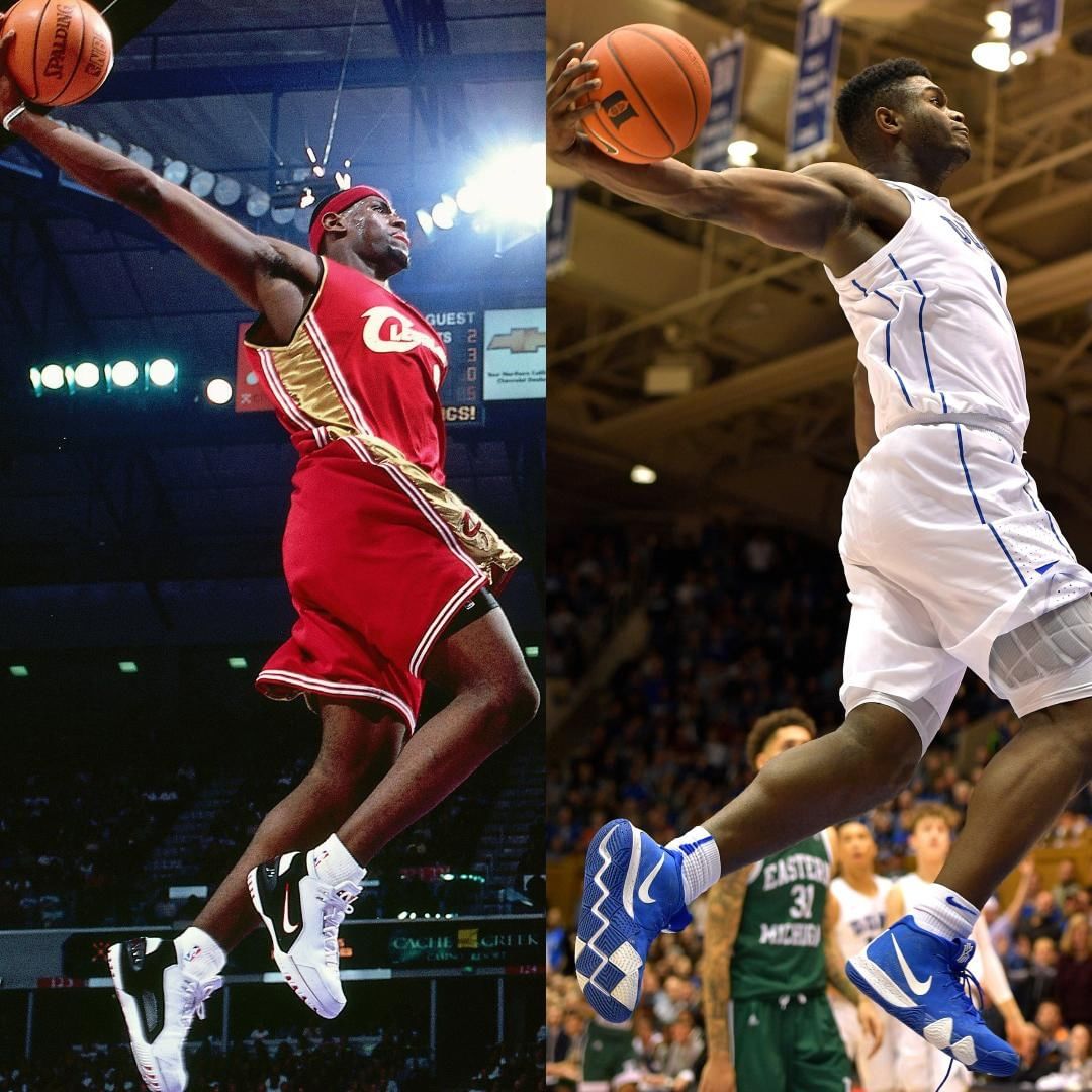 媒体发布詹姆斯与蔡恩-威廉森扣篮瞬间对比图 企鹅体育新闻