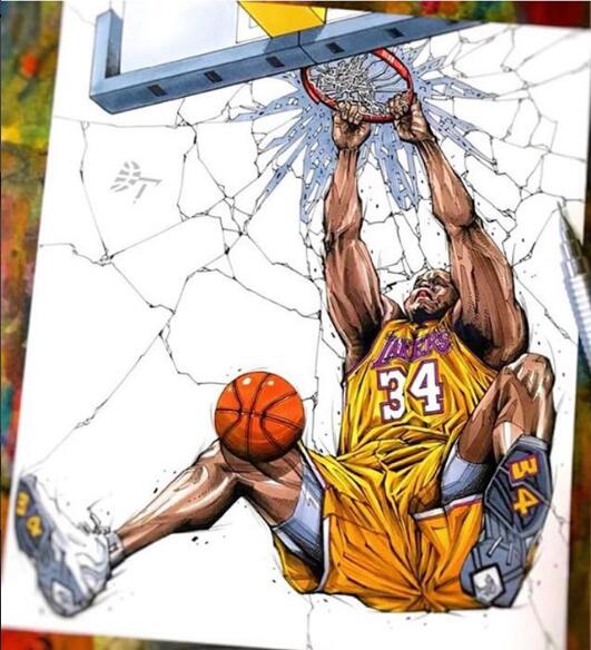 奥尼尔晒经典暴扣图:谢谢你的艺术绘画 企鹅体育新闻